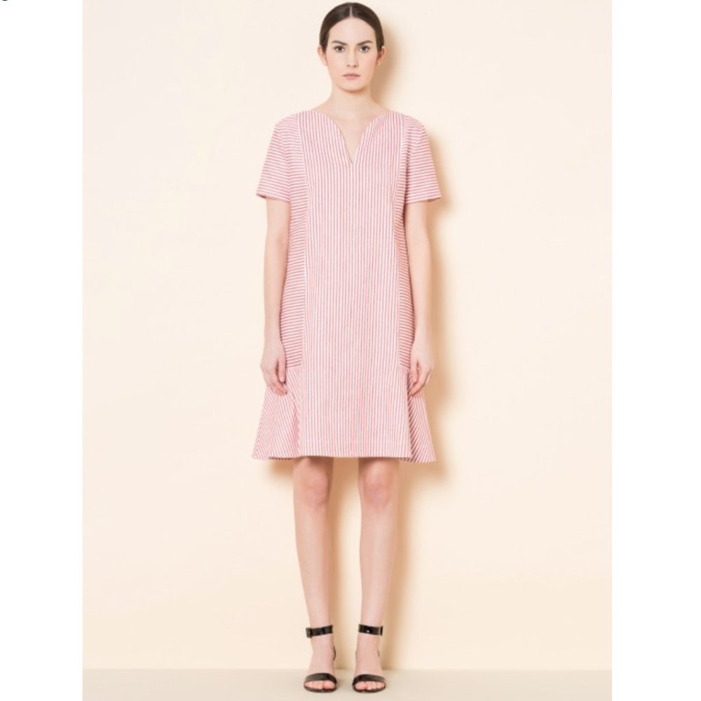 NEW PIAZZA SEMPIONE Italy Cotton Linen Blend Striped Short Sleeve Shift Dress 38